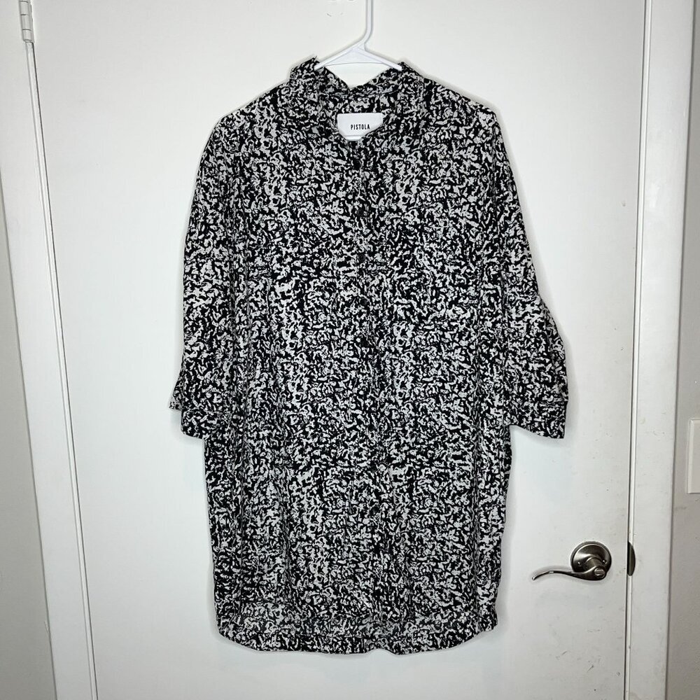 Pistola Sam Black and White Cotton Floral Long Sleeve Shirt Dress Small S - Picture 2 of 9